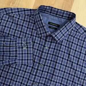 Bugatchi Men's XXL Cotton Blue Plaid Shaped Fit Long Sleeve Button Down Shirt